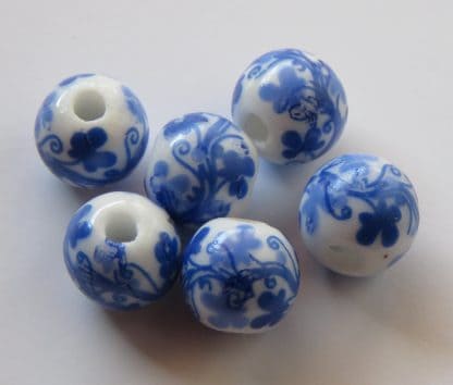 8mm white blue vine porcelain bead