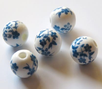 8mm white bright blue oriental flower porcelain bead