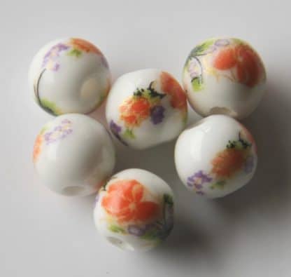 8mm white bright orange flower porcelain bead