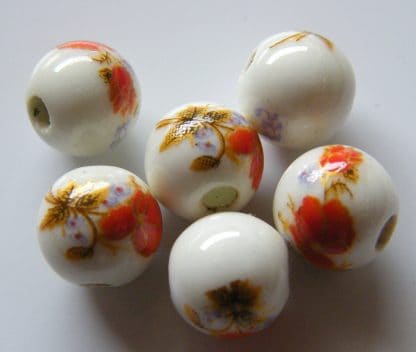 8mm white bright red flower porcelain bead