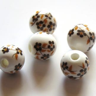 8mm white brown oriental flower porcelain bead