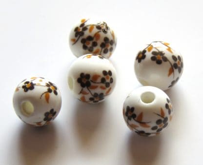 8mm white brown oriental flower porcelain bead