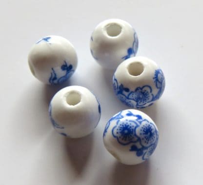 8mm white cobalt blue cherry blossom porcelain bead