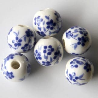 8mm white dark blue oriental flower porcelain bead
