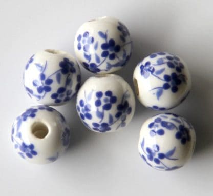8mm white dark blue oriental flower porcelain bead