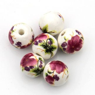 8mm white dark magenta flower porcelain bead