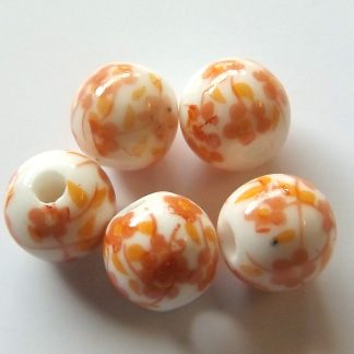 8mm white dark orange oriental flower porcelain bead
