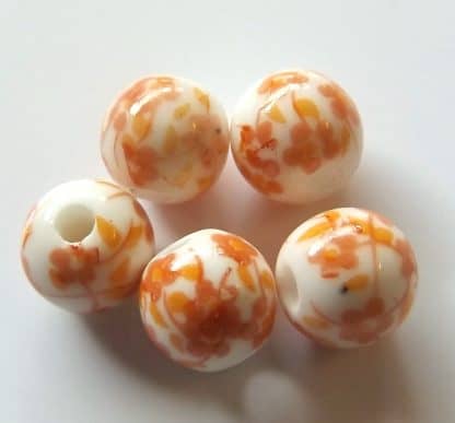 8mm white dark orange oriental flower porcelain bead