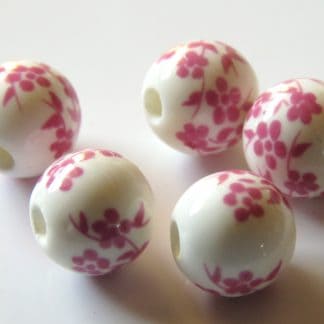 8mm white dark pink oriental flower porcelain bead