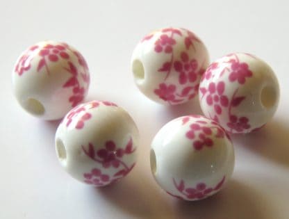 8mm white dark pink oriental flower porcelain bead