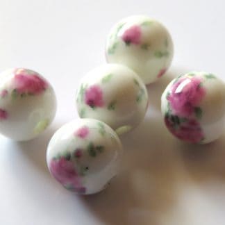 8mm white dark pink roses porcelain bead