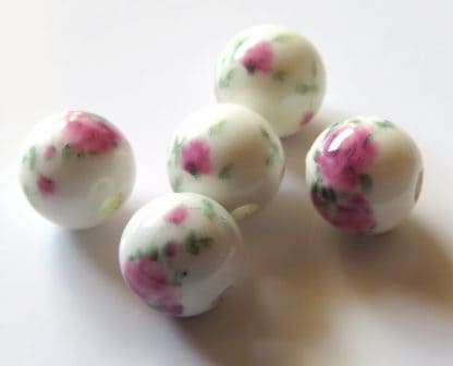 8mm white dark pink roses porcelain bead