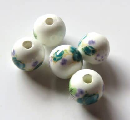 8mm white dark teal flower porcelain bead