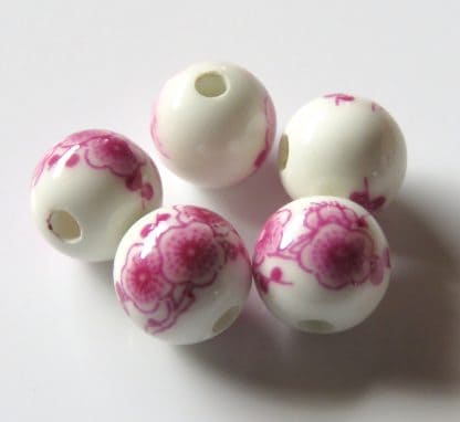 8mm white deep pink cherry blossom porcelain bead