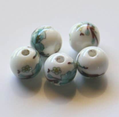 8mm white pale turquoise flower brown branch porcelain bead