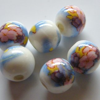 8mm white pink flowers on sky blue porcelain bead
