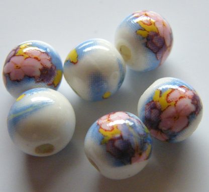 8mm white pink flowers on sky blue porcelain bead