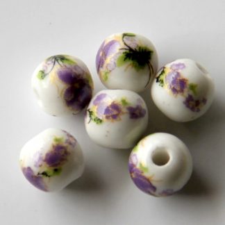 8mm white purple flower porcelain bead