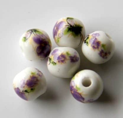 8mm white purple flower porcelain bead