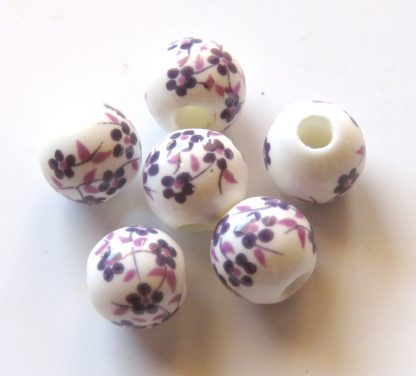 8mm white purple oriental flower porcelain bead