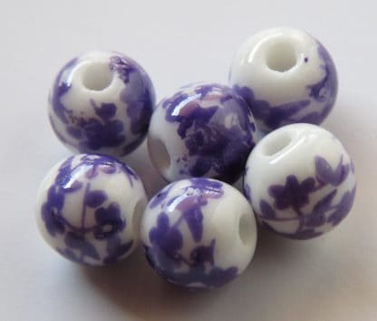 8mm white purple vine porcelain bead