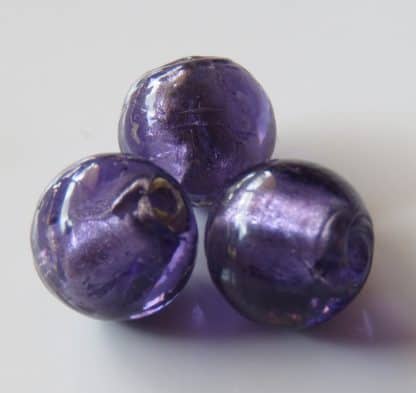 10mm purple round lampwork silver foil glass beads