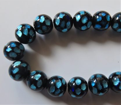 12mm round black blue silver foil lampwork glass beads