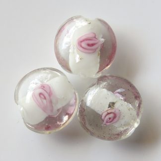 15x9mm flat round silver foil floral lampwork glass beads