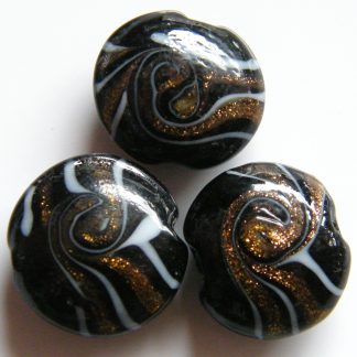 16x8mm flat round black goldsand spiral lampwork glass beads