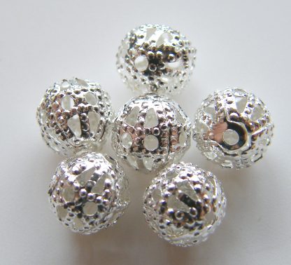 Bright Silver 6mm round filigree spacer beads