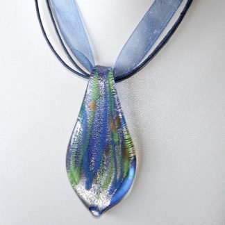 58mm Silver Foil Teardrop Glass Pendant Blue with Pastel Patterning