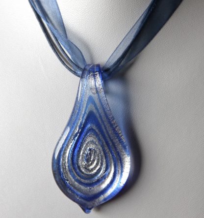 58mm Blue Silver Foil Spiral Teardrop Lampwork Glass Pendant