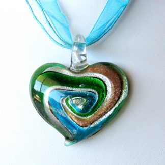 46mm Lampwork Silver Foil and Gold Sand Heart Pendant Green