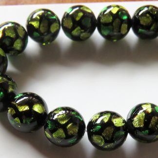 12mm round black green silver foil lampwork glass beads