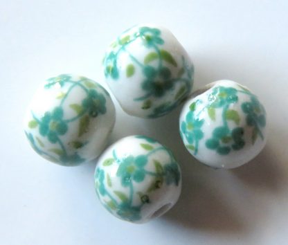 10mm white teal green oriental flower porcelain bead