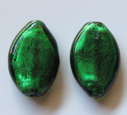 31mm Flat Oval Dark Green Silver Foil Glass Beads