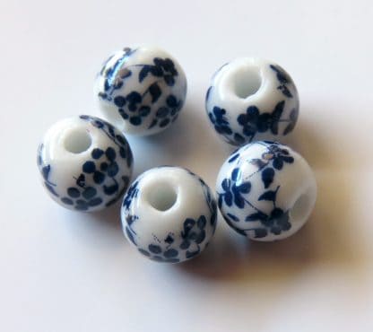 8mm Round Porcelain/Ceramic Beads - White / Navy Blue Oriental Flowers