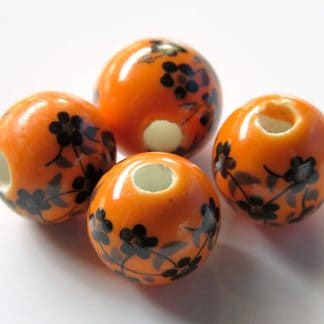 10mm Round Porcelain Ceramic Beads - Orange Black Oriental Flowers