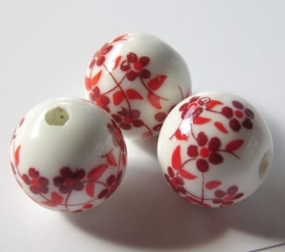 12mm Round Porcelain/Ceramic Beads - White / Red Oriental Flowers