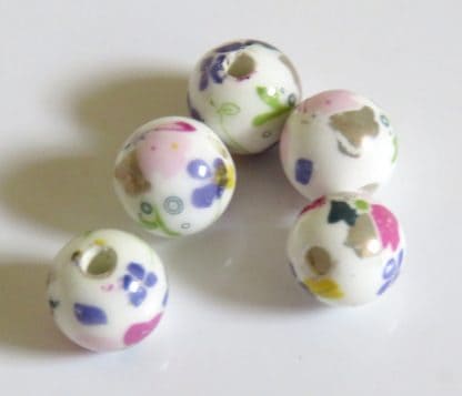8mm Round Porcelain/Ceramic Beads - White / Coloured Flower Bed