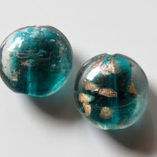 20x10mm Flat Round Gold Sand Glass Beads Dark Turquoise