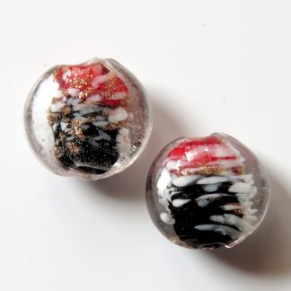 20x10mm Flat Round Glass Beads - Black & Red with White/Gold Sand Flecks