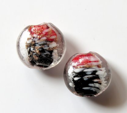 20x10mm Flat Round Glass Beads - Black & Red with White/Gold Sand Flecks