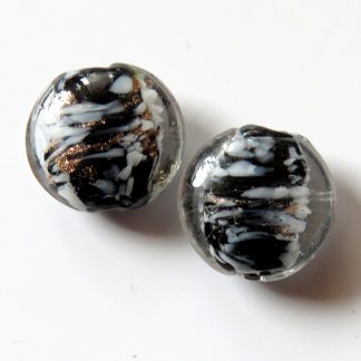 20x10mm Flat Round Glass Beads - Black with White/Gold Sand Flecks