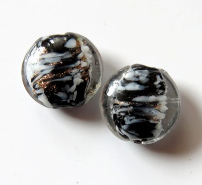 20x10mm Flat Round Glass Beads - Black with White/Gold Sand Flecks
