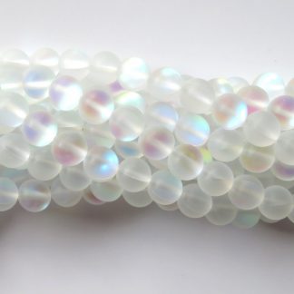 50pcs 8mm Created Iridescent White Round Glass Beads - Mermaid Glass / Aura Quartz