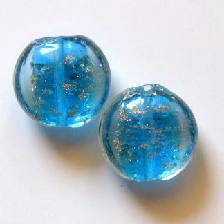 20x10mm Flat Round Gold Sand Glass Beads Aqua Blue