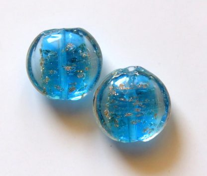 20x10mm Flat Round Gold Sand Glass Beads Aqua Blue