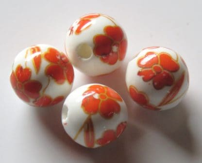 10mm Round Porcelain/Ceramic Beads - White / Bright Orange & Gold Flowers