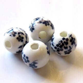 10mm white navy blue oriental flower porcelain bead